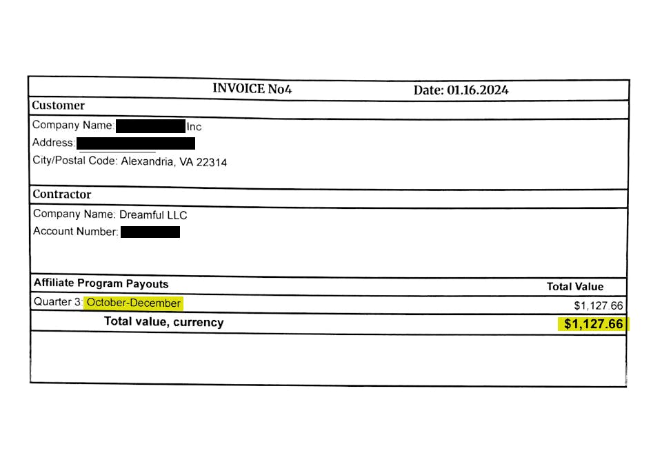 redacted affiliate payout summary (~$1,000 holiday quarter)